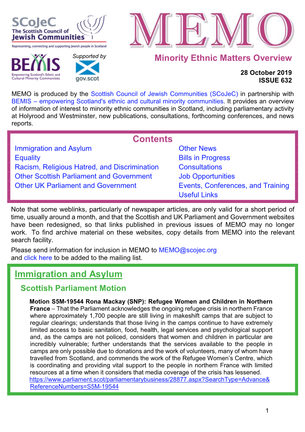 MEMO Is Produced by the Scottish Council of Jewish Communities (Scojec) in Partnership with BEMIS – Empowering Scotland's Ethnic and Cultural Minority Communities