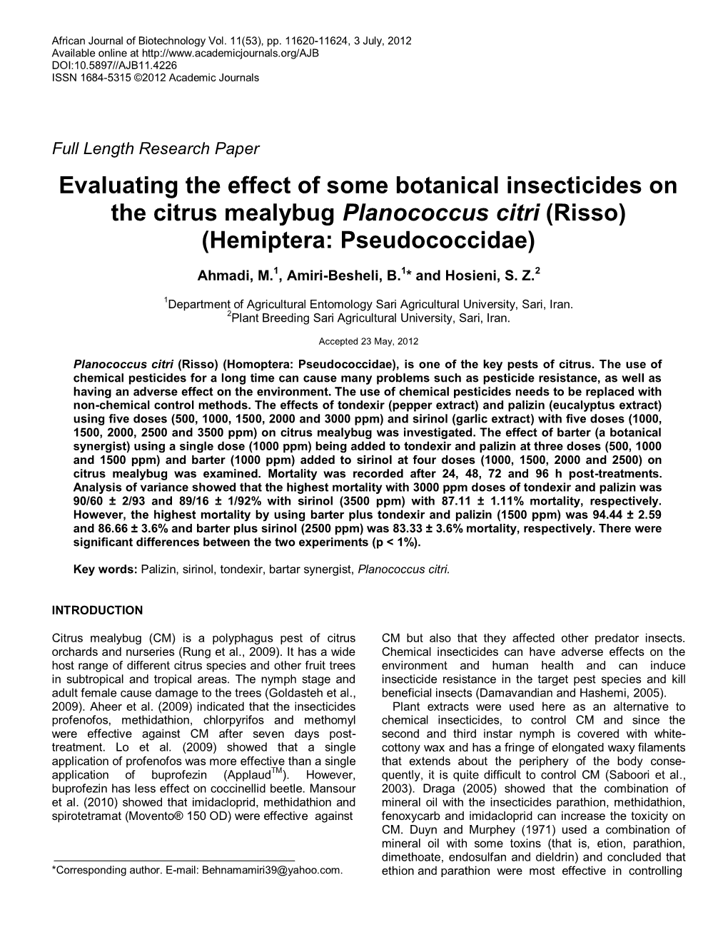 Evaluating the Effect of Some Botanical Insecticides on the Citrus Mealybug Planococcus Citri (Risso) (Hemiptera: Pseudococcidae)