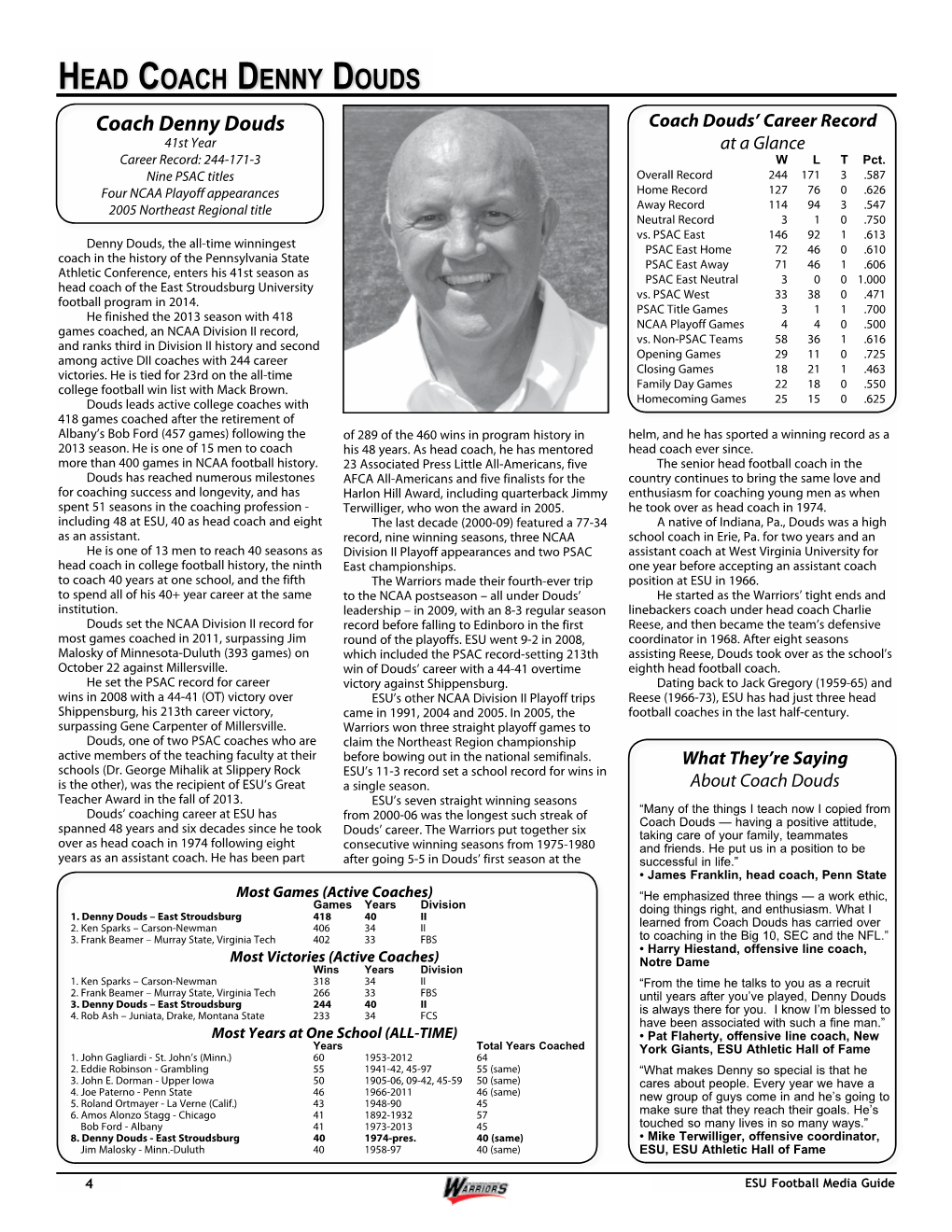 Head Coach Denny Douds Coach Denny Douds Coach Douds’ Career Record 41St Year at a Glance Career Record: 244-171-3 W L T Pct