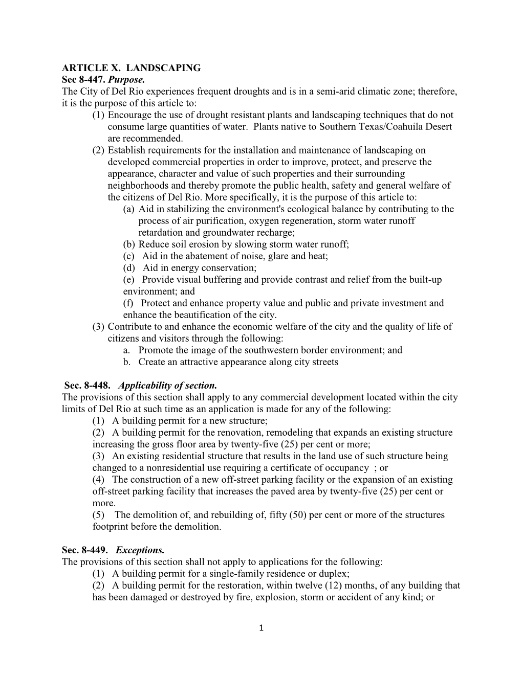 ARTICLE X. LANDSCAPING Sec 8-447. Purpose. the City of Del Rio