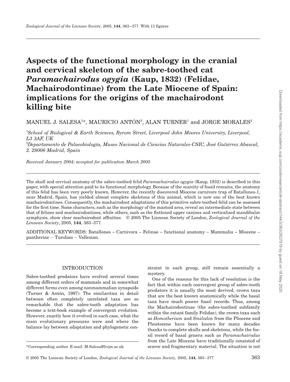 Aspects of the Functional Morphology in the Cranial and Cervical Skeleton of the Sabre-Toothed Cat Paramachairodus Ogygia (Kaup, 1832) (Felidae