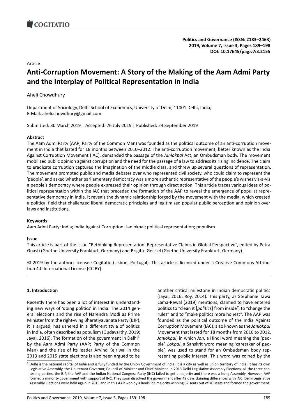 Anti-Corruption Movement: a Story of the Making of the Aam Admi Party and the Interplay of Political Representation in India