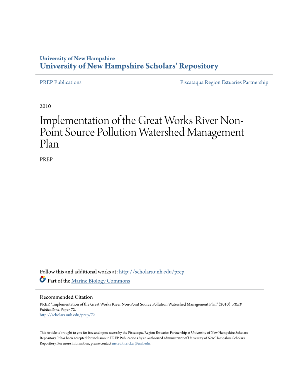 Implementation of the Great Works River Non-Point Source Pollution Watershed Management Plan" (2010)