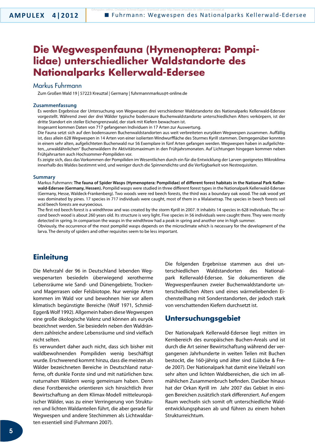 Hymenoptera: Pompilidae) of Different Forest Habitats in the National Park Keller- Wald-Edersee (Germany, Hessen)