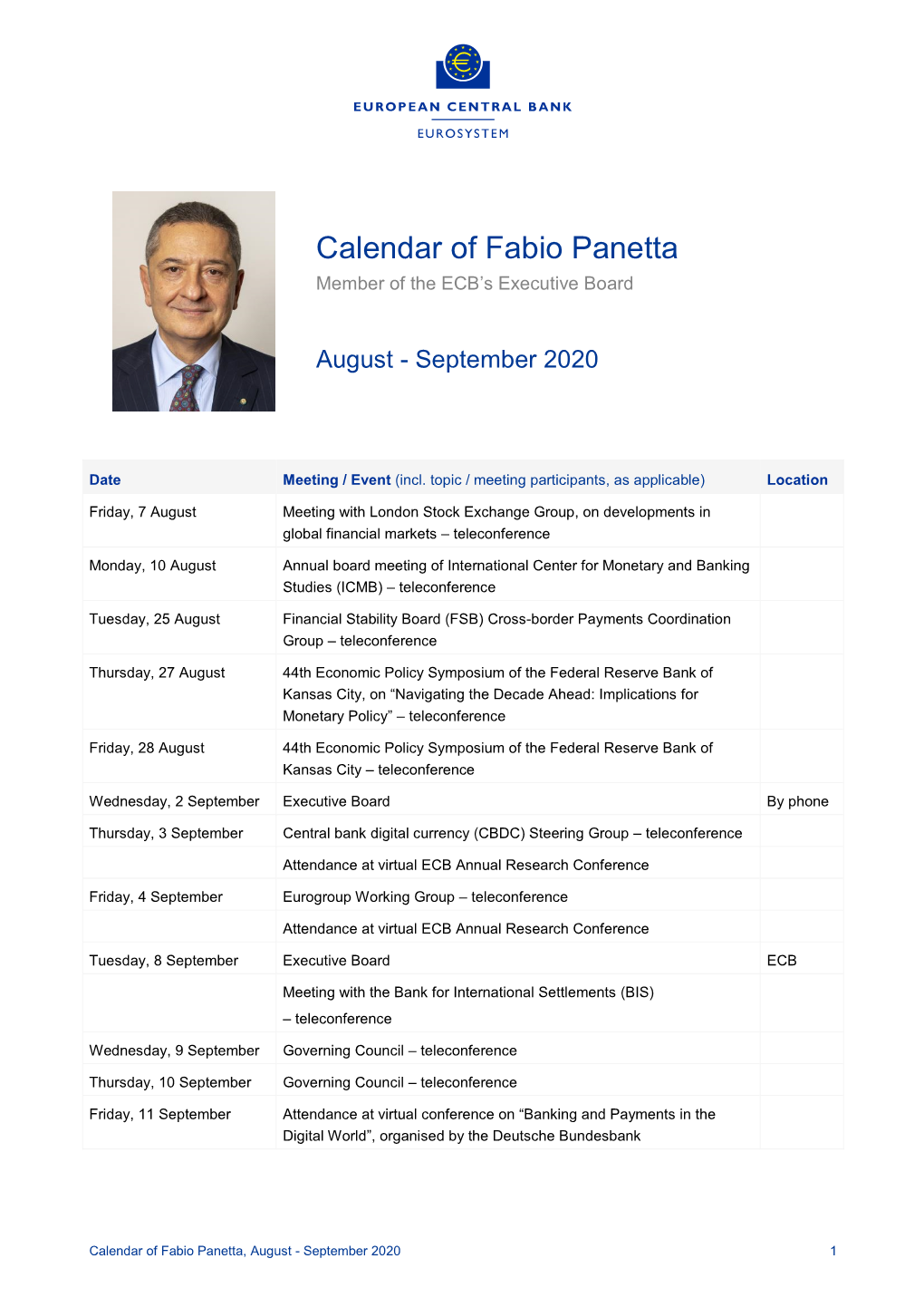 Calendar of Fabio Panetta, August - September 2020 1 Tuesday, 15 September Executive Board ECB
