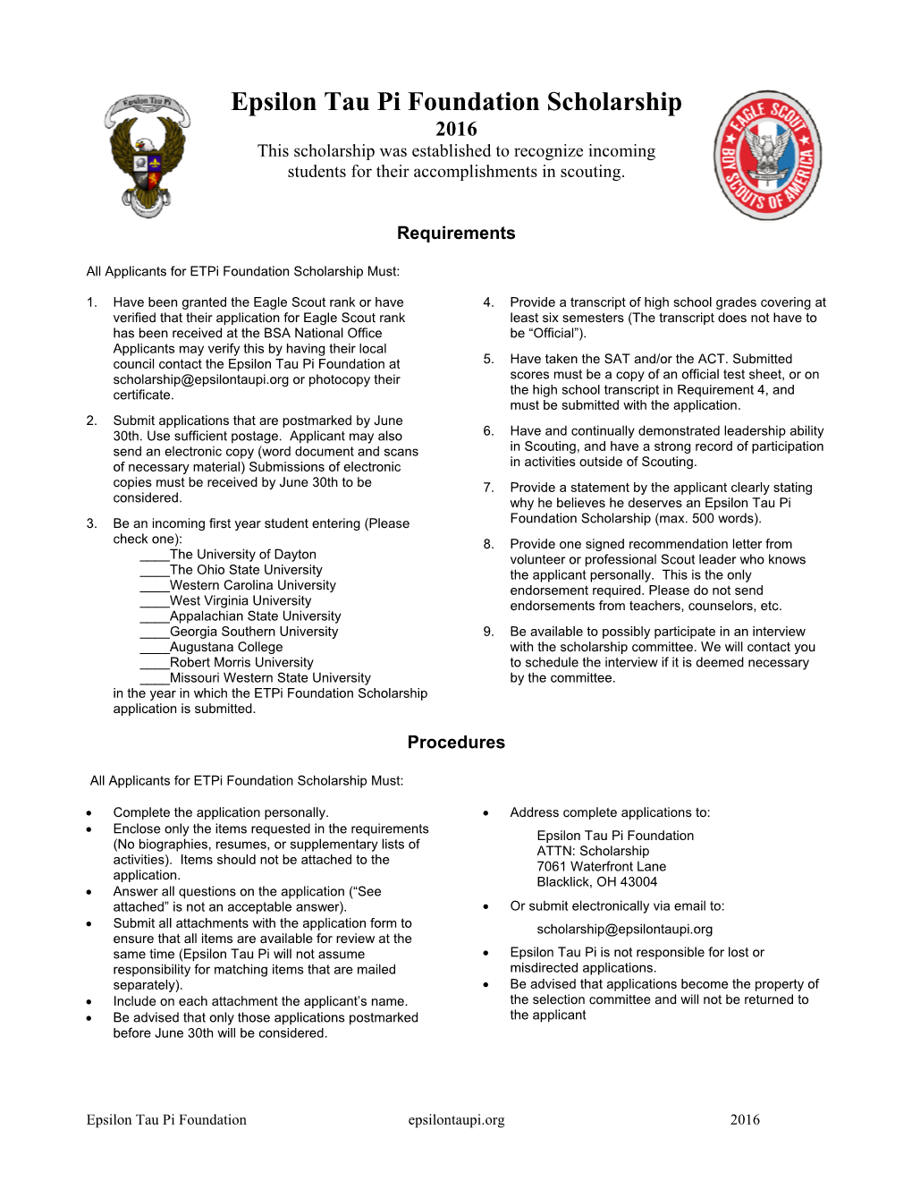 Epsilon Tau Pi Foundation Scholarship 2016 This Scholarship Was Established to Recognize Incoming Students for Their Accomplishments in Scouting