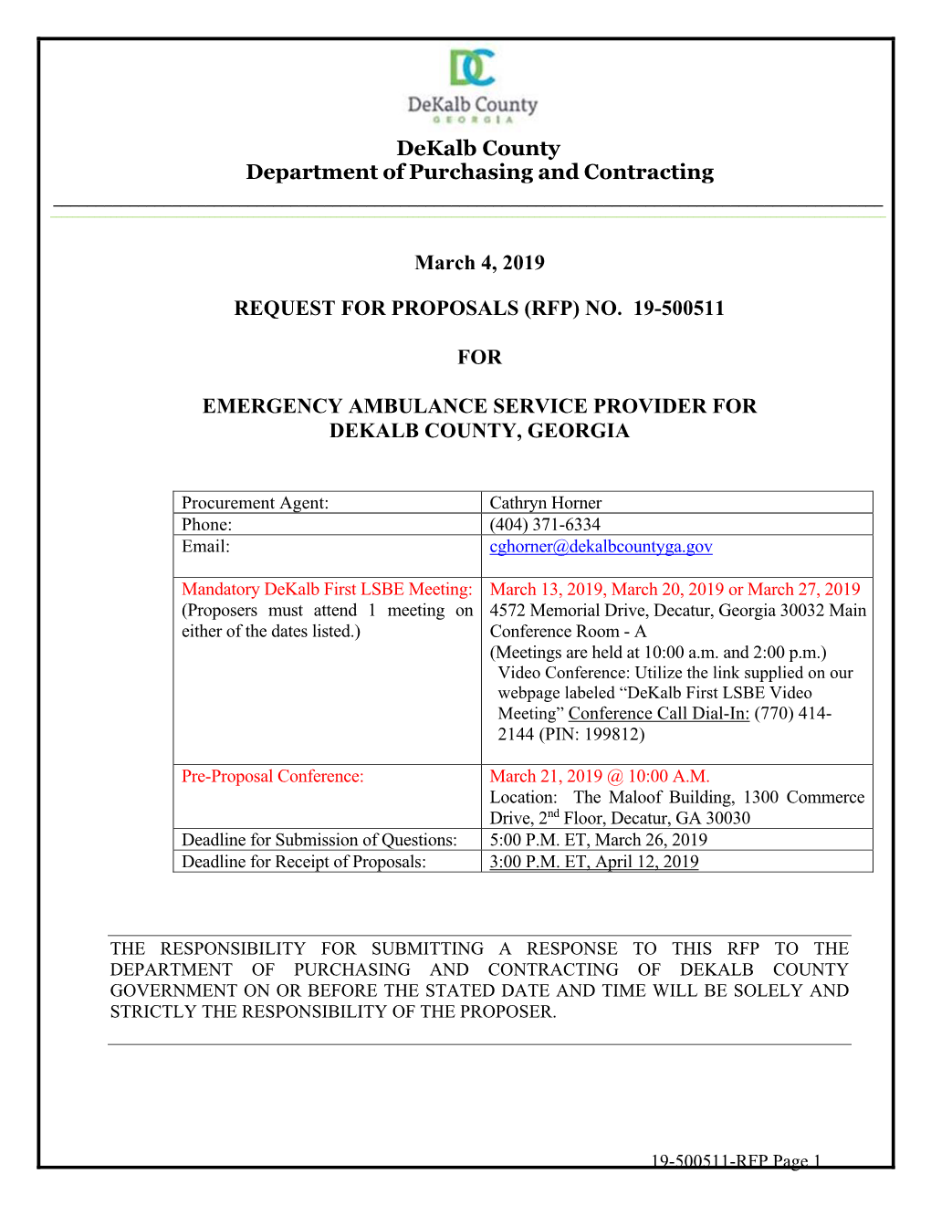 Dekalb County Department of Purchasing and Contracting March 4, 2019 REQUEST for PROPOSALS (RFP) NO. 19-500511 for EMERGENCY AM