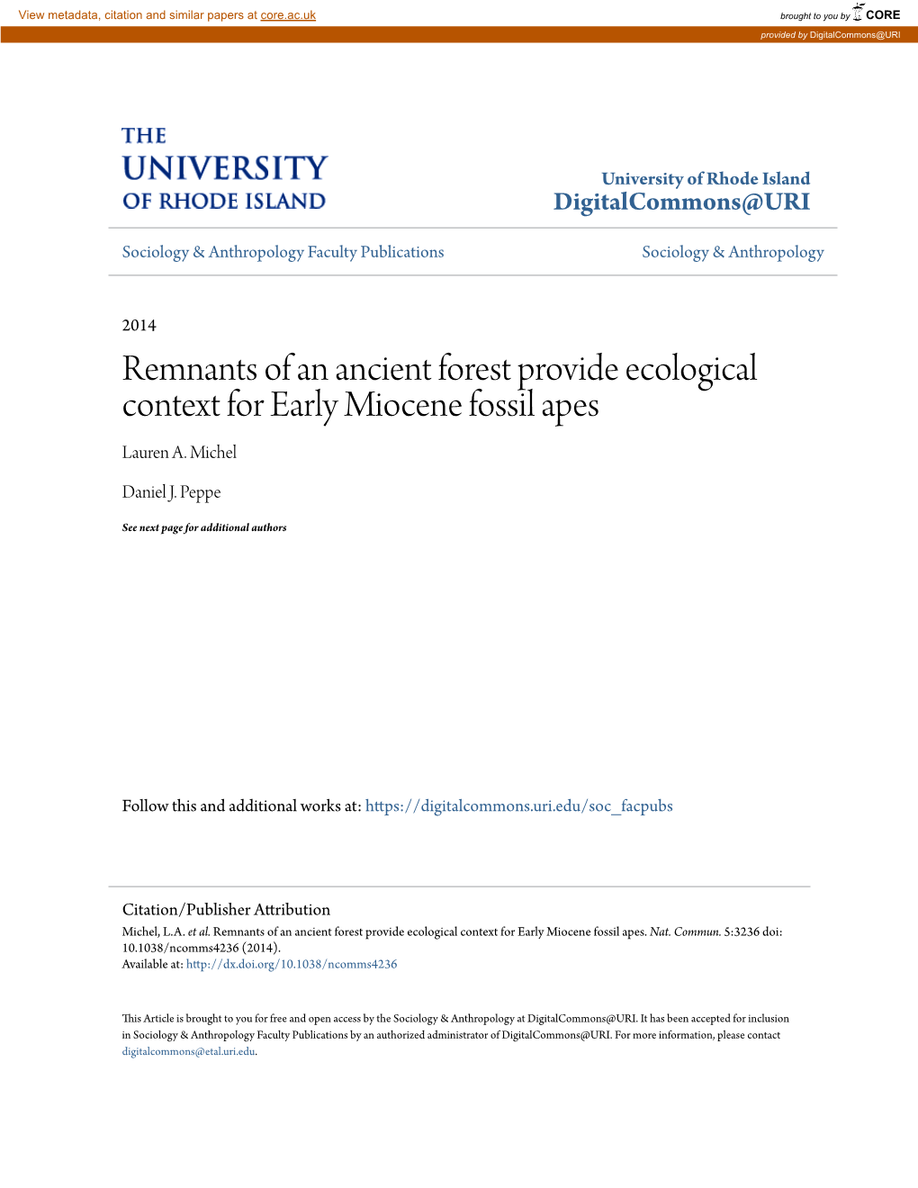 Remnants of an Ancient Forest Provide Ecological Context for Early Miocene Fossil Apes Lauren A