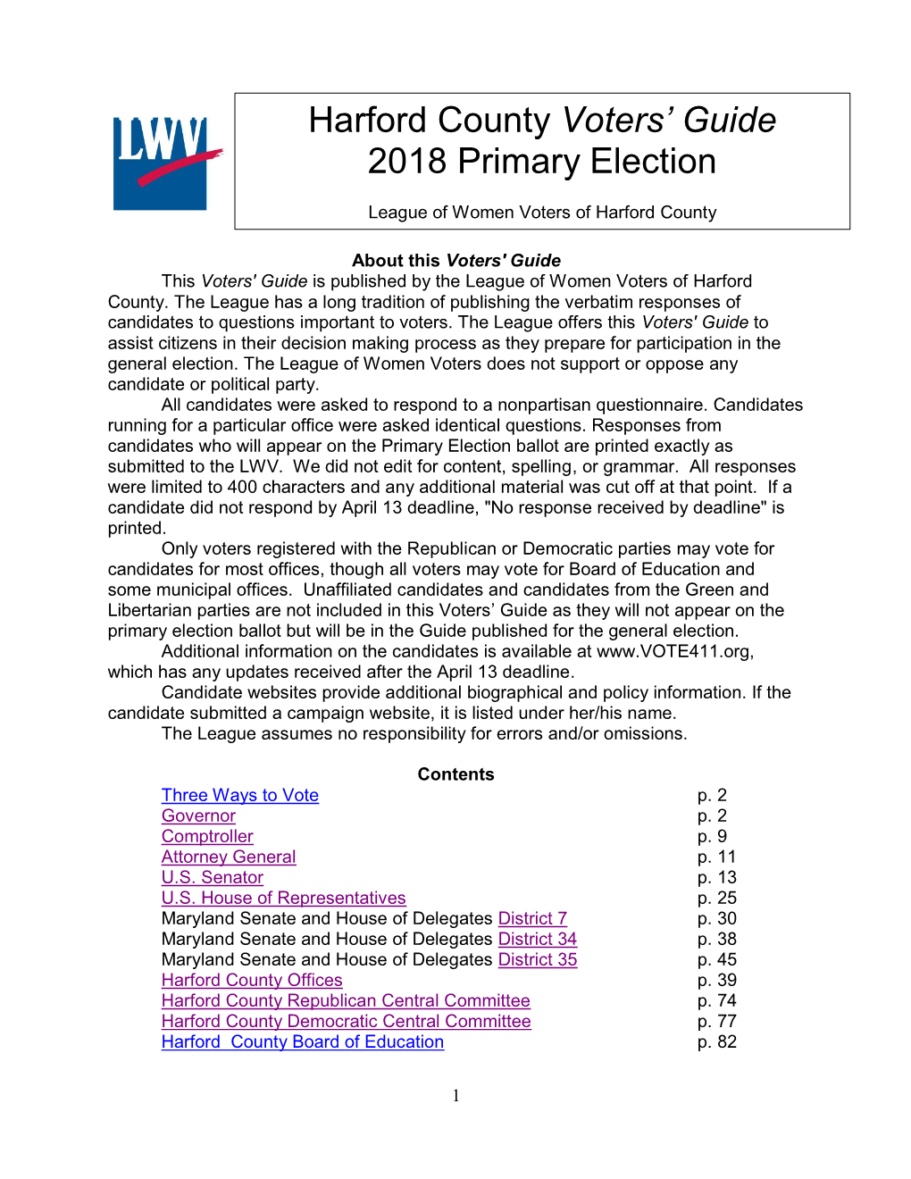 Harford County Voters' Guide 2018 Primary Election