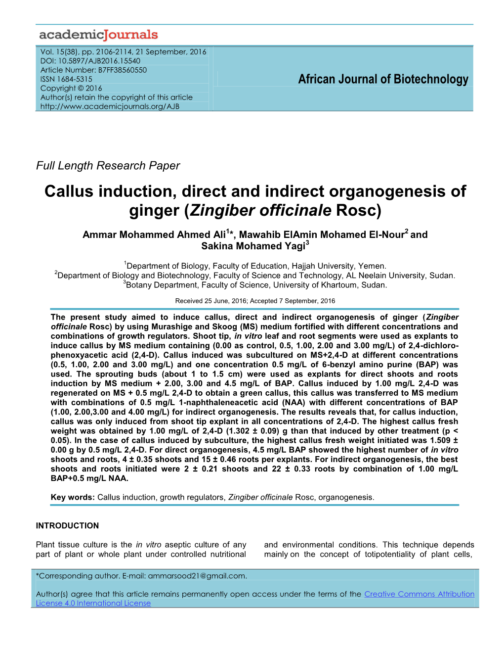 Callus Induction, Direct and Indirect Organogenesis of Ginger (Zingiber Officinale Rosc)