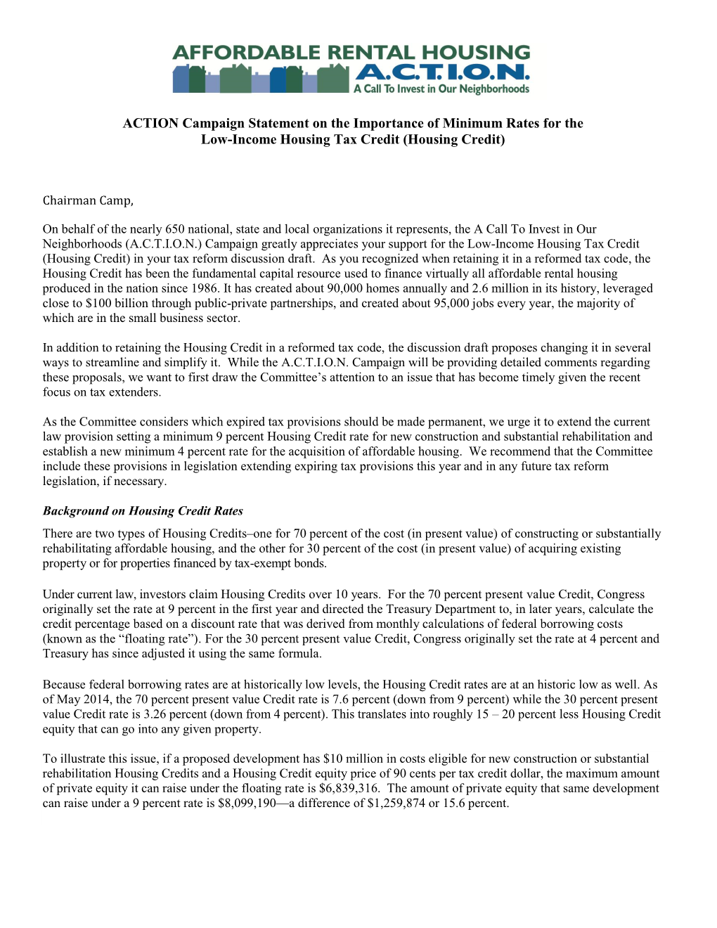 ACTION Campaign Statement on the Importance of Minimum Rates for the Low-Income Housing Tax Credit (Housing Credit)