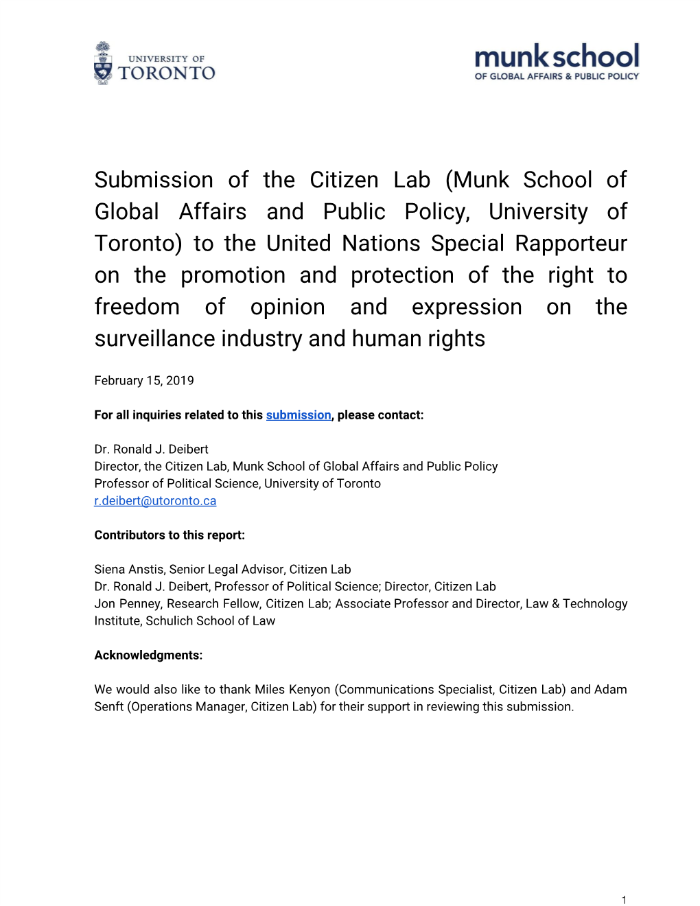 Submission of the Citizen Lab (Munk School of Global Affairs and Public Policy, University of Toronto) to the United Nations