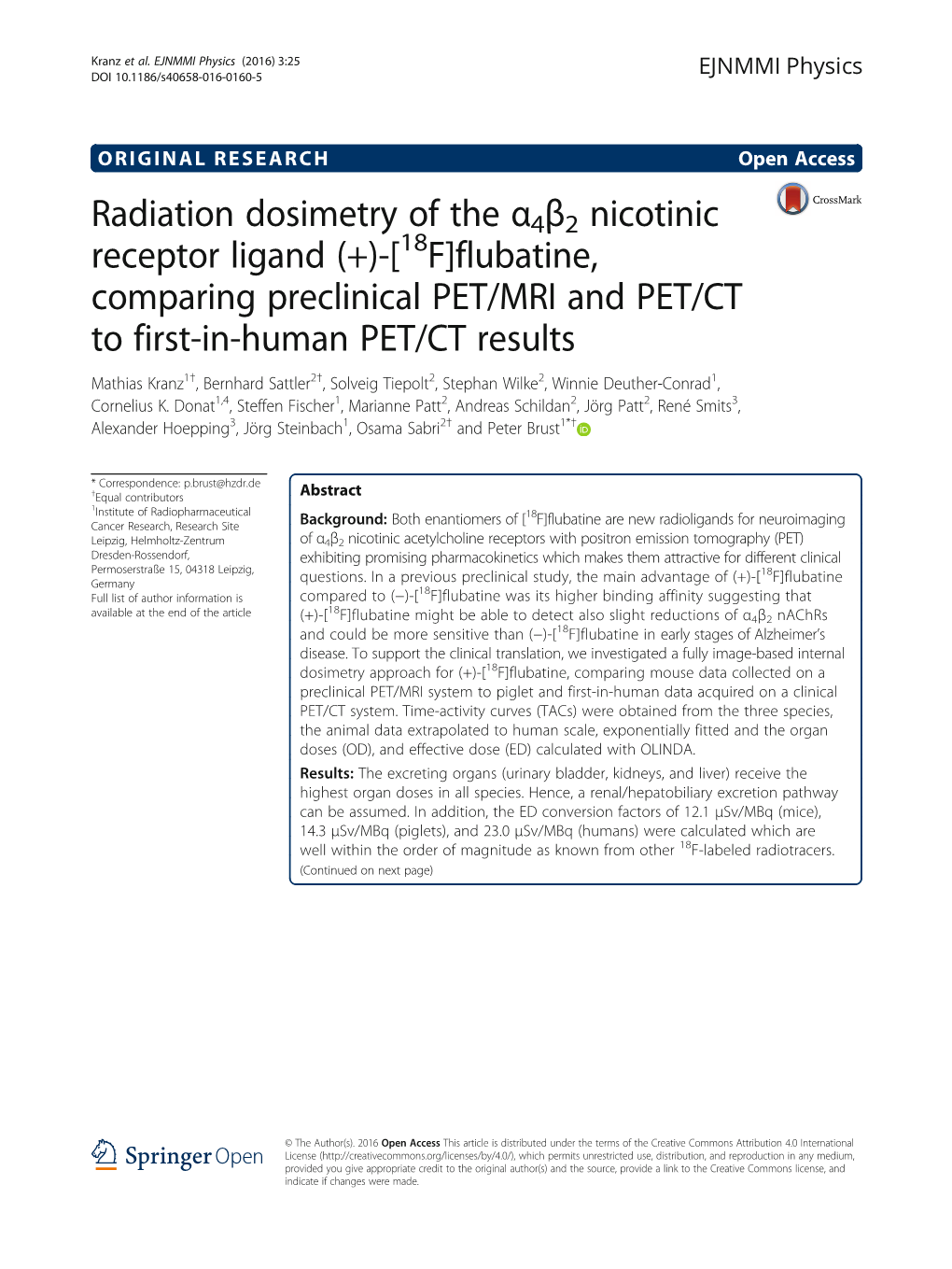 Radiation Dosimetry of the Α4β2 Nicotinic Receptor Ligand (+)-[18F