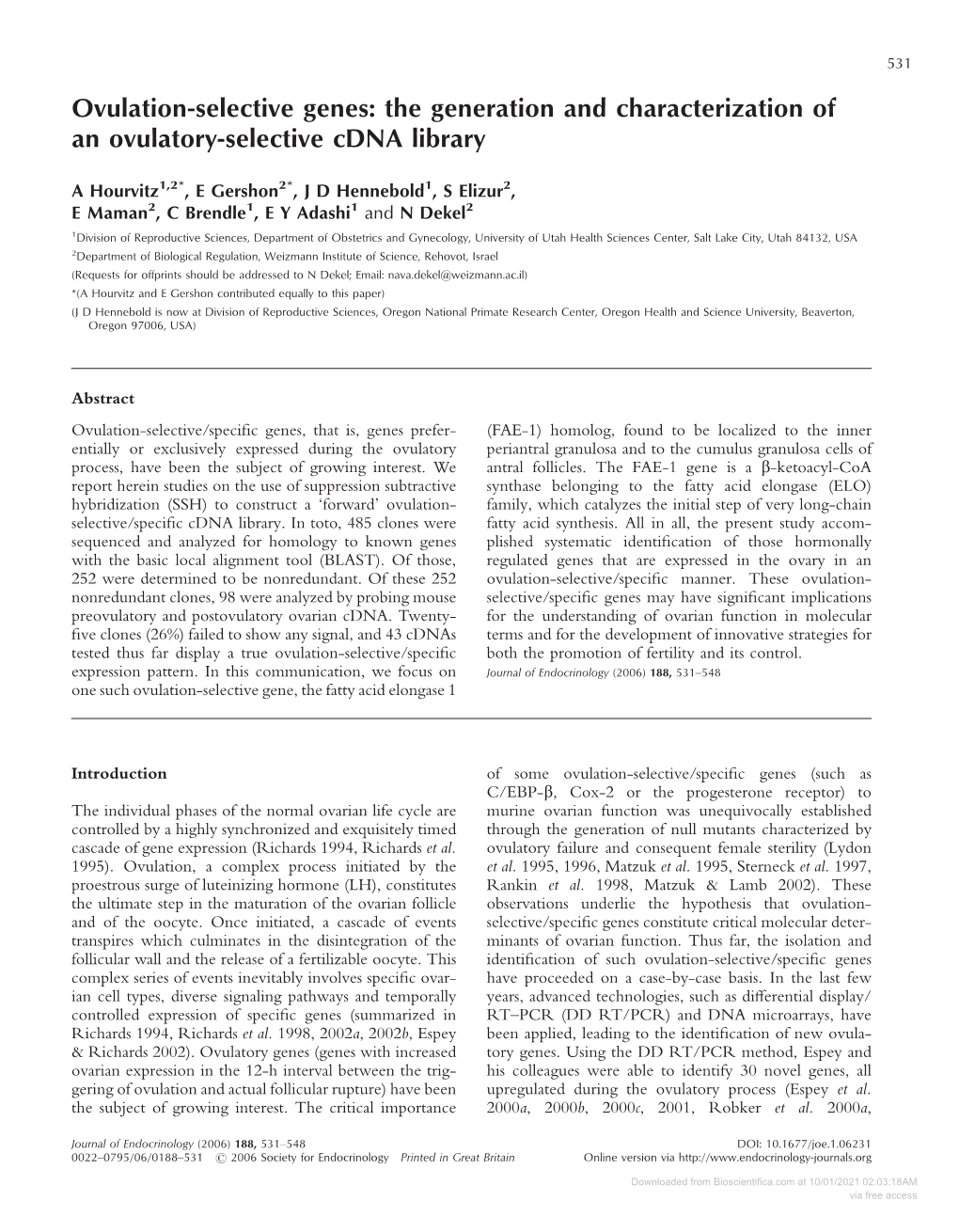 Ovulation-Selective Genes: the Generation and Characterization of an Ovulatory-Selective Cdna Library