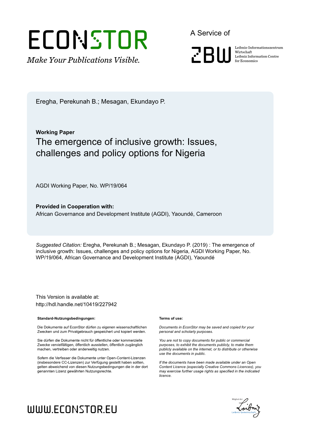 The Emergence of Inclusive Growth: Issues, Challenges and Policy Options for Nigeria