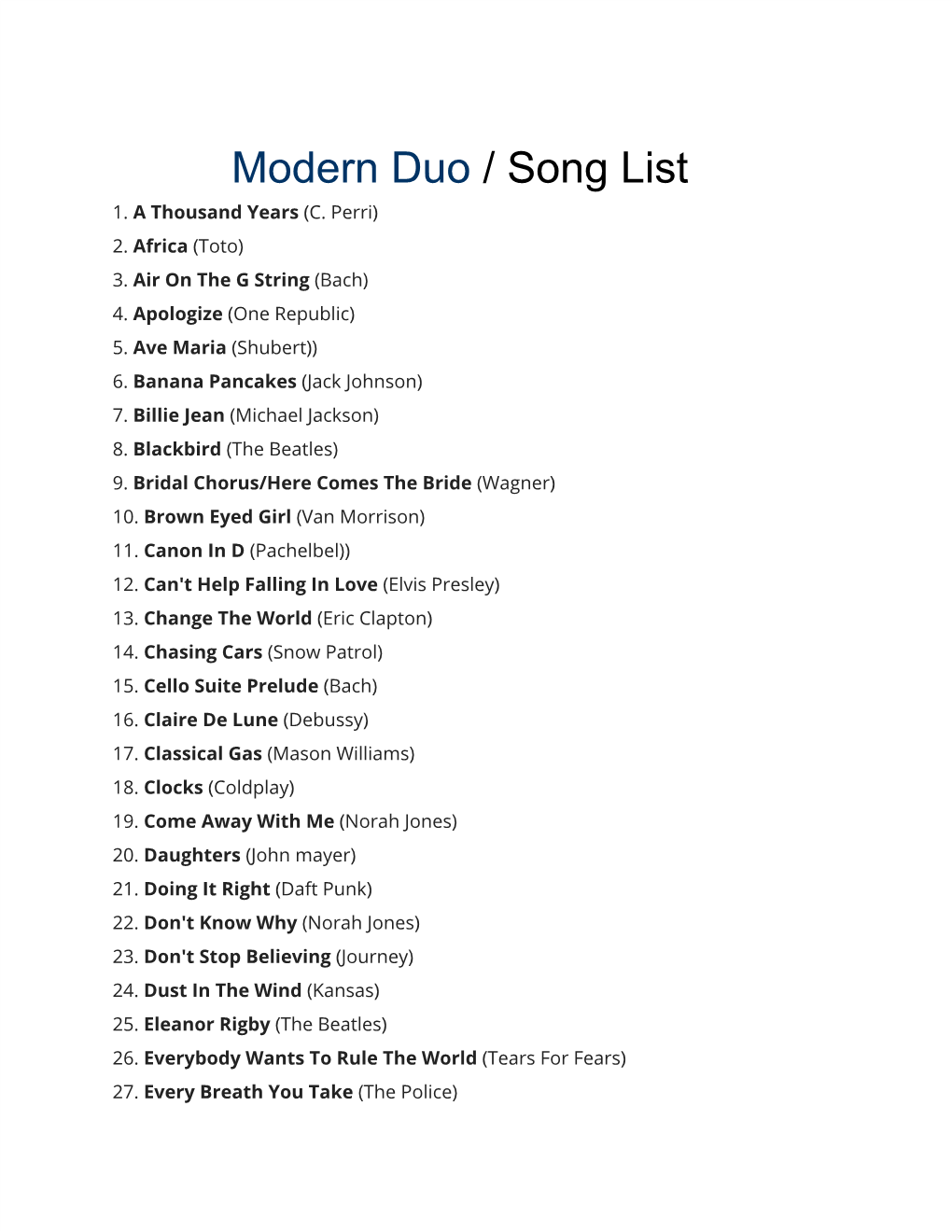 Modern Duo ​/ Song List