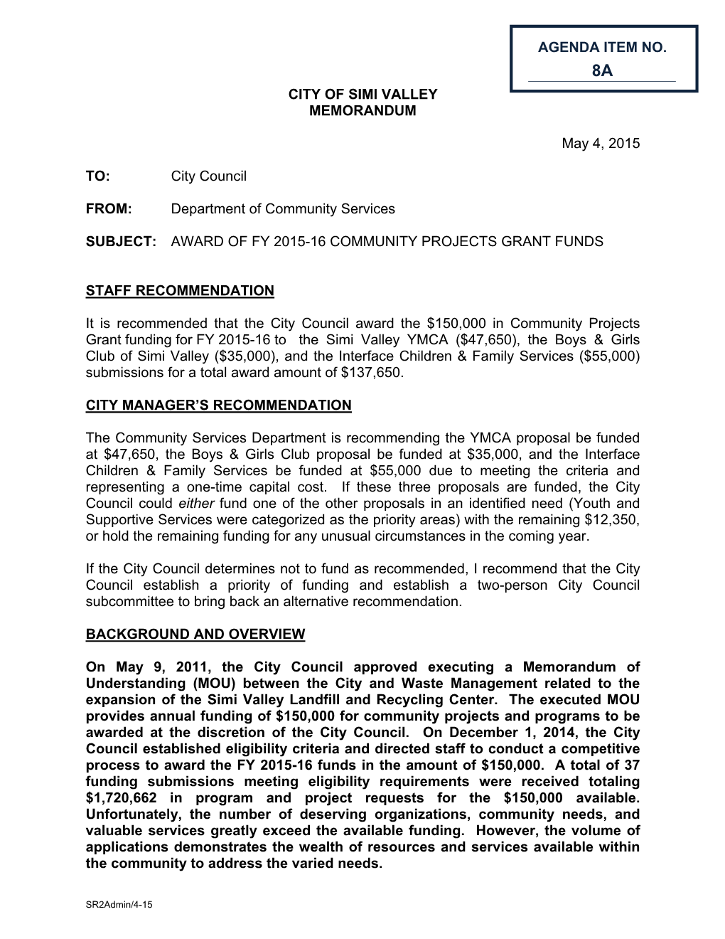 CITY of SIMI VALLEY MEMORANDUM May 4, 2015 TO