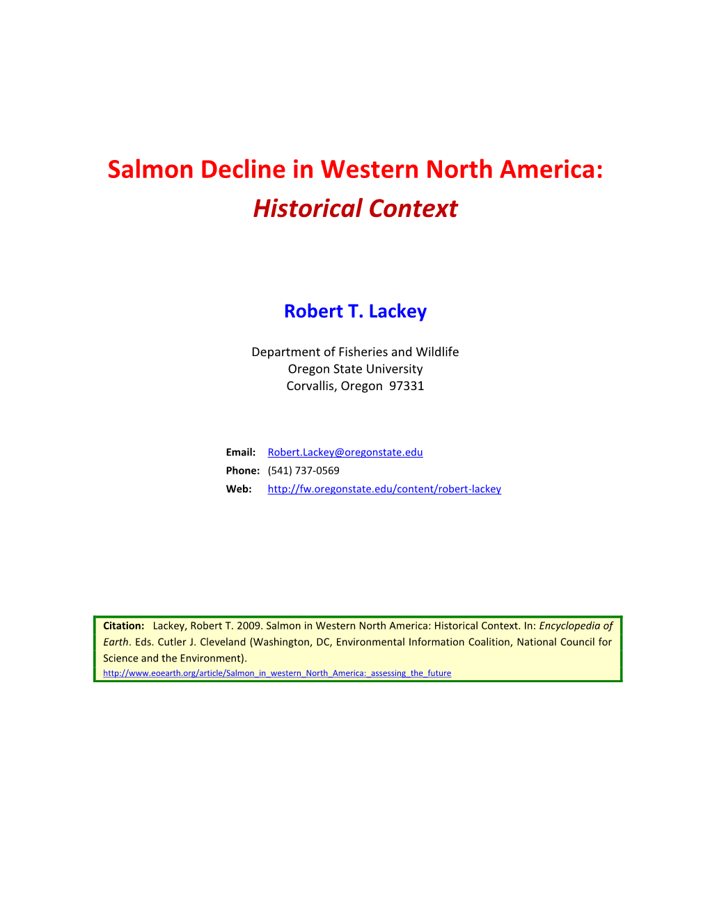 Salmon Decline in Western North America: Historical Context