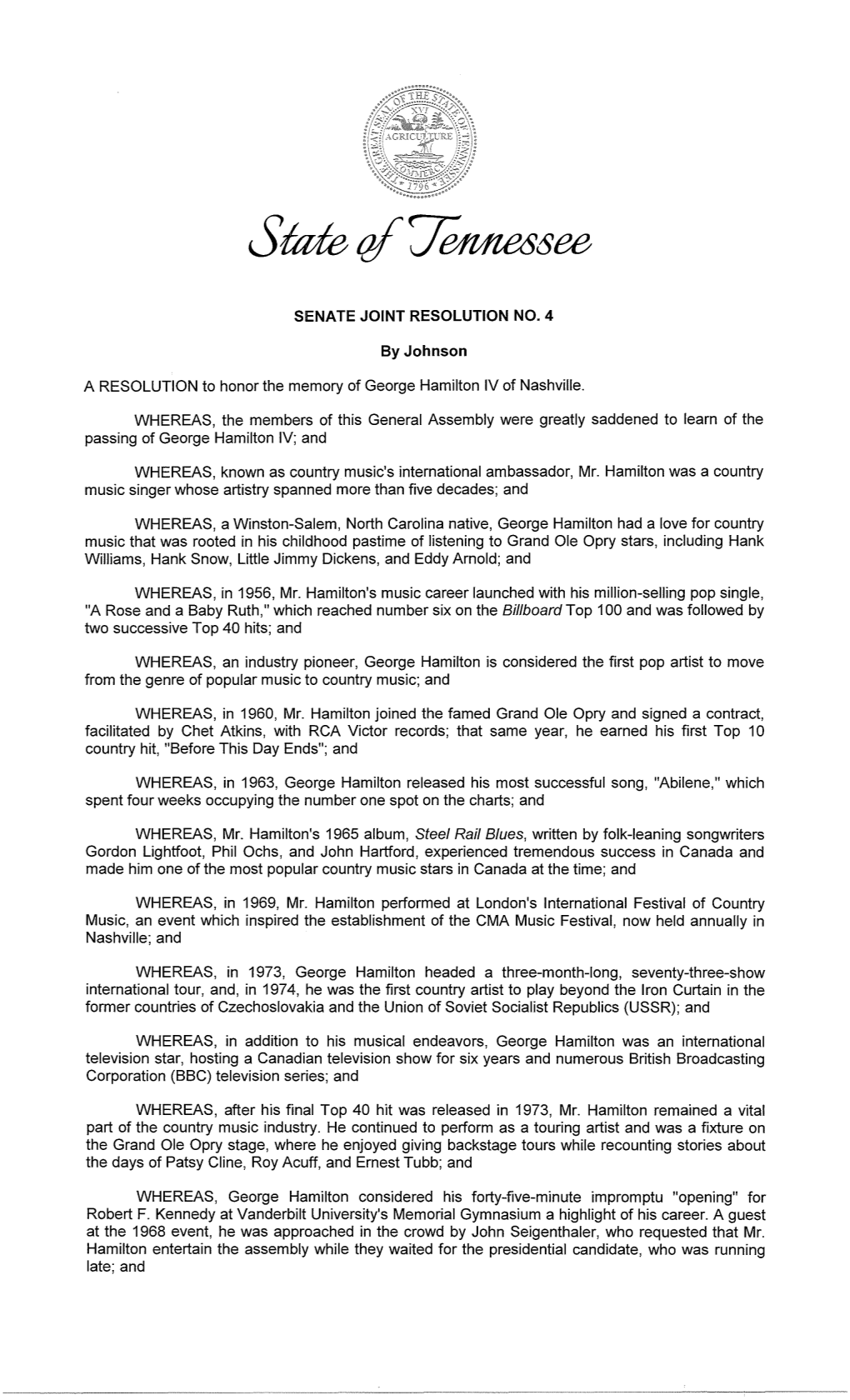 A RESOLUTION to Honor the Memory of George Hamilton IV of Nashville