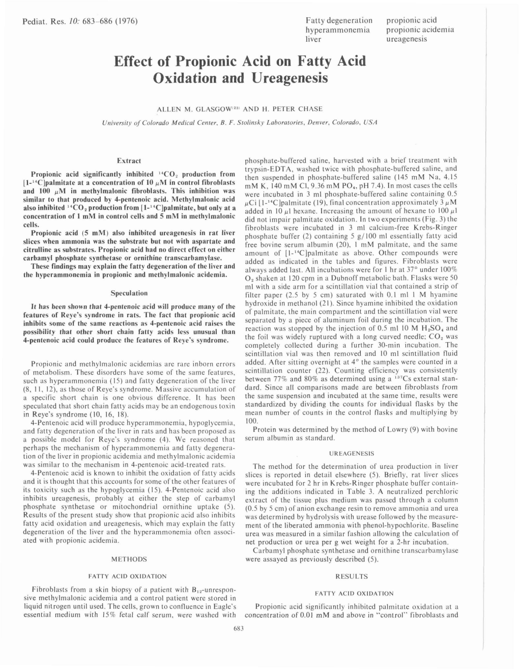 Effect of Propionic Acid on Fatty Acid Oxidation and U Reagenesis