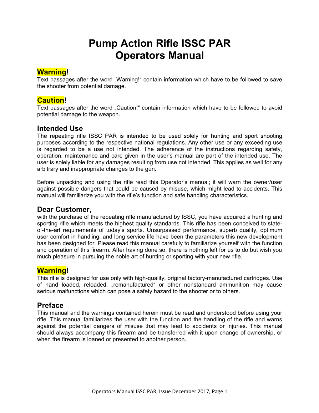 Pump Action Rifle ISSC PAR Operators Manual