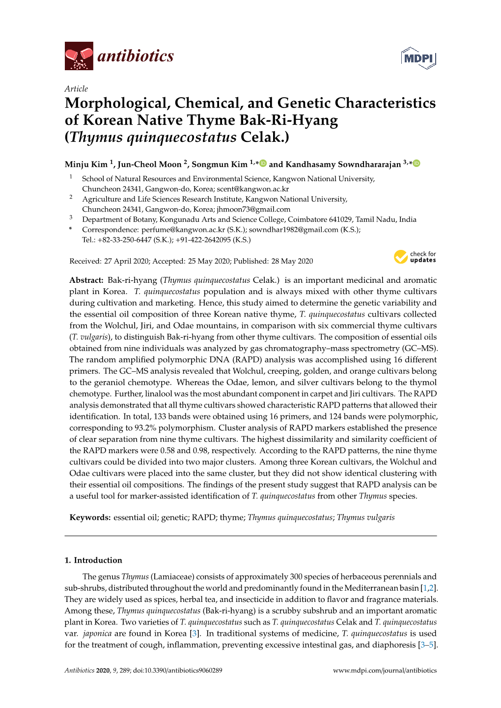 Morphological, Chemical, and Genetic Characteristics of Korean Native Thyme Bak-Ri-Hyang (Thymus Quinquecostatus Celak.)