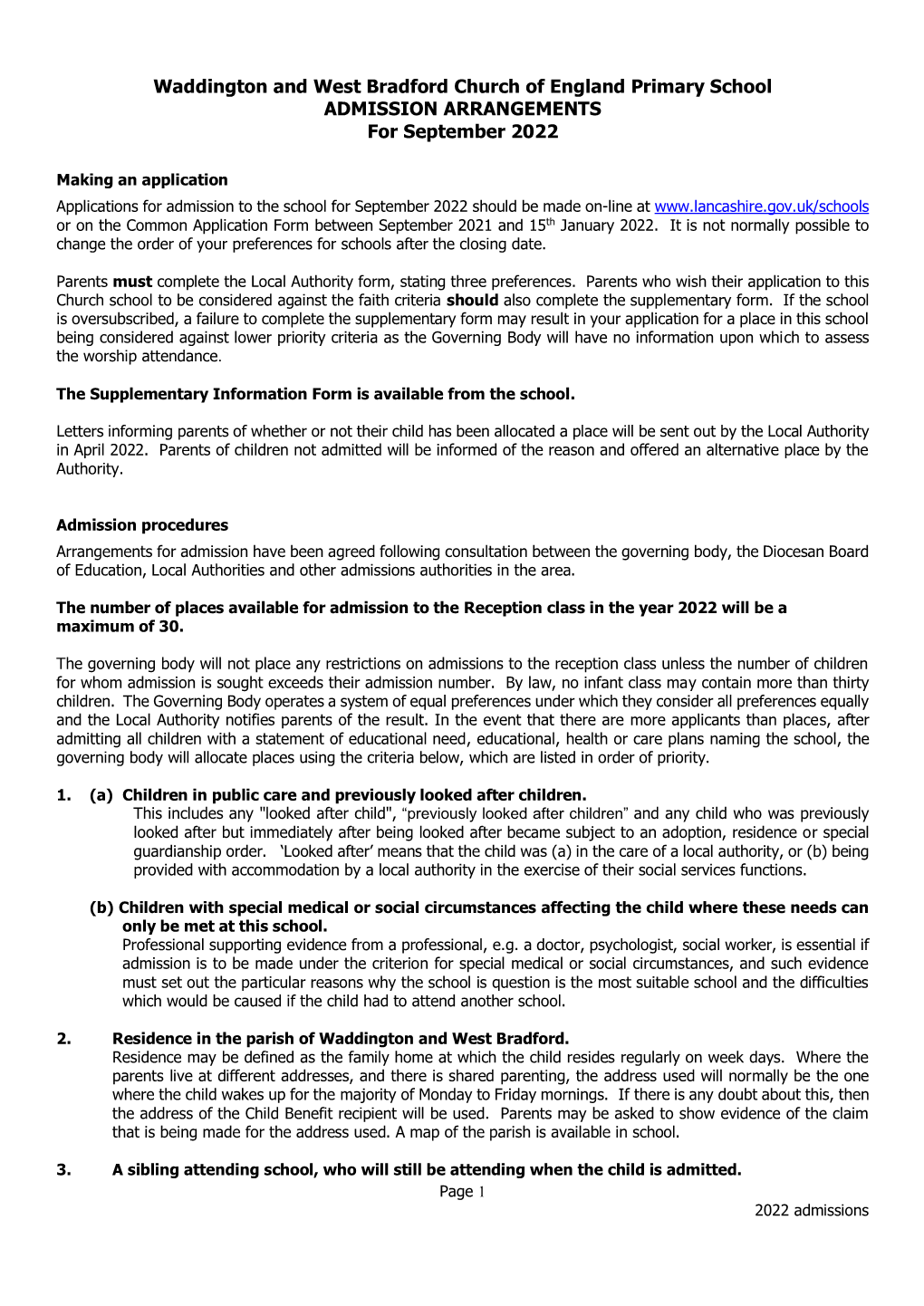 Waddington and West Bradford Church of England Primary School ADMISSION ARRANGEMENTS for September 2022