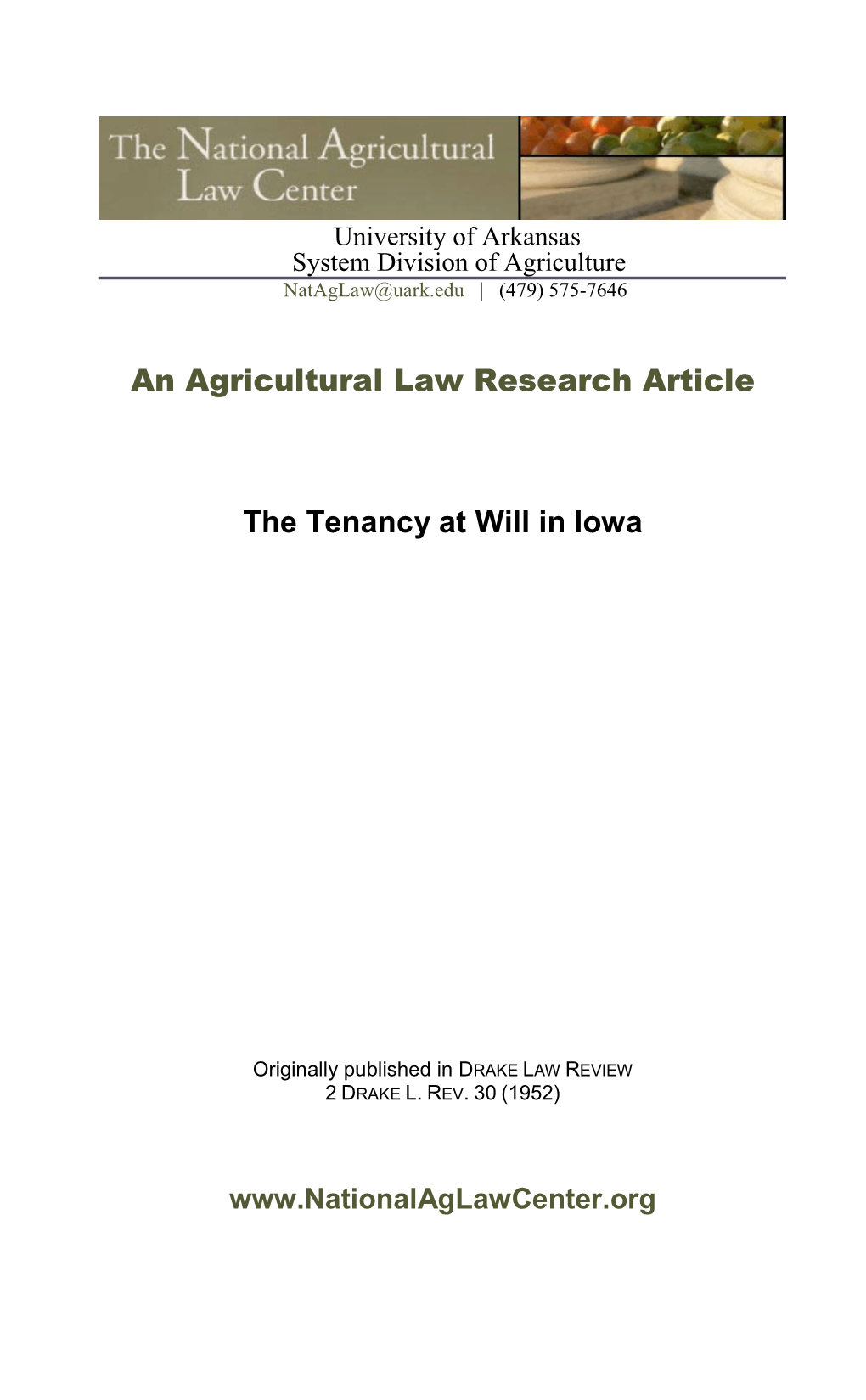 An Agricultural Law Research Article the Tenancy at Will in Iowa