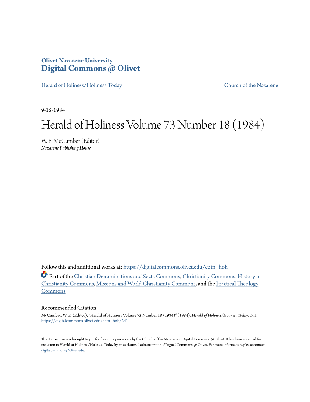 Herald of Holiness Volume 73 Number 18 (1984) W