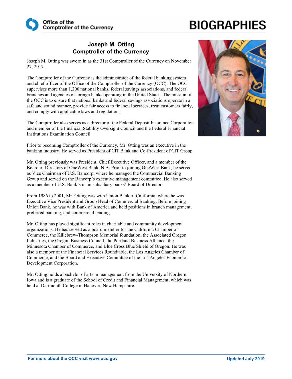 Joseph M. Otting, Comptroller of the Currency