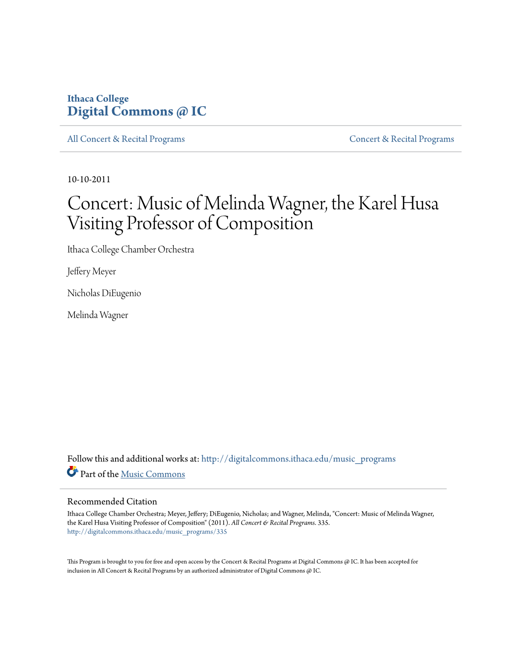 Concert: Music of Melinda Wagner, the Karel Husa Visiting Professor of Composition Ithaca College Chamber Orchestra