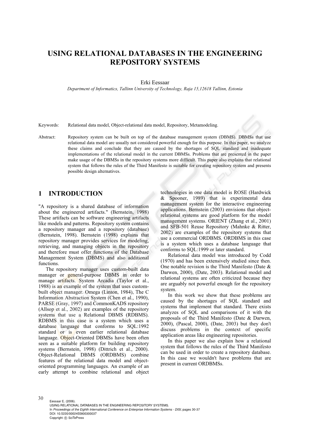 Using Relational Databases in the Engineering Repository Systems