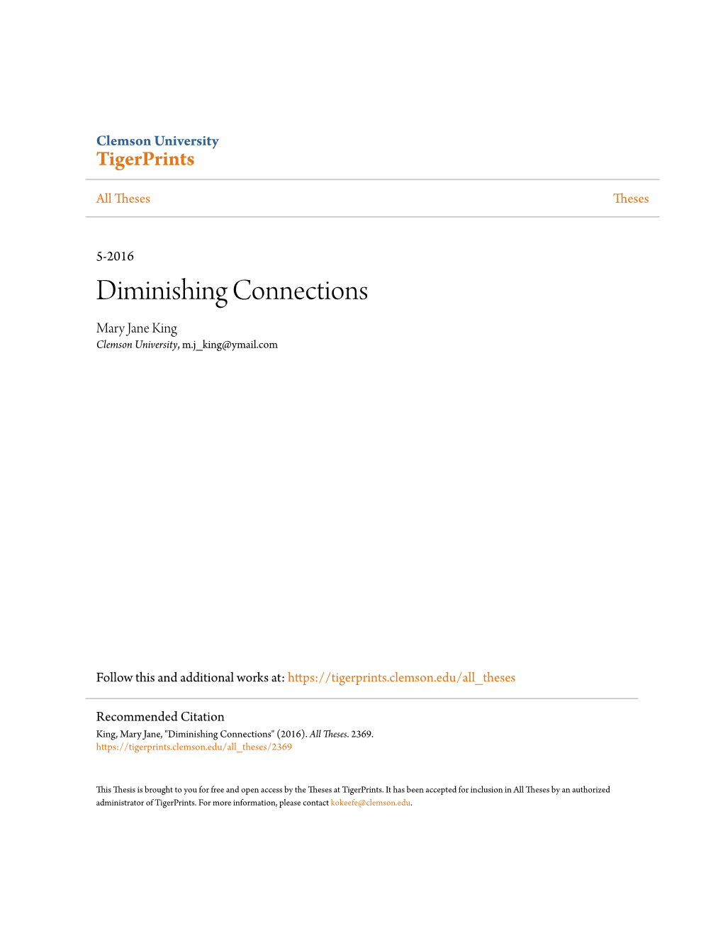 Diminishing Connections Mary Jane King Clemson University, M.J King@Ymail.Com