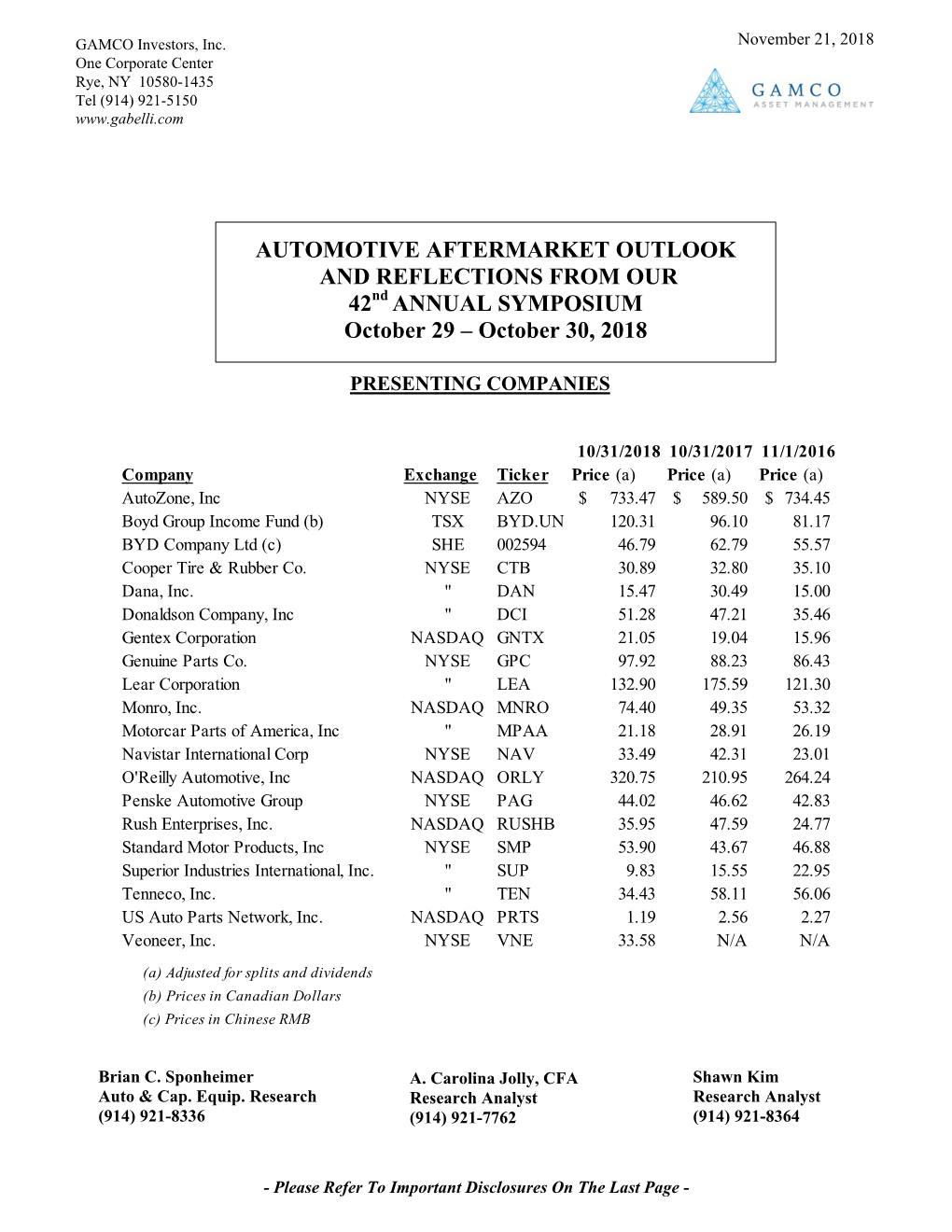 AUTOMOTIVE AFTERMARKET OUTLOOK and REFLECTIONS from OUR Nd 42 ANNUAL SYMPOSIUM October 29 – October 30, 2018