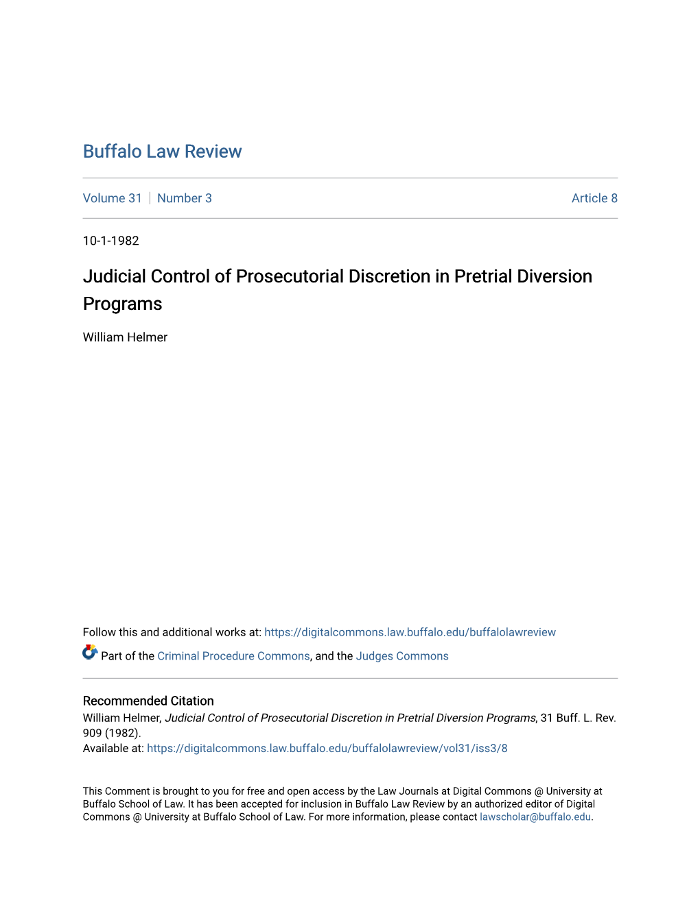 Judicial Control of Prosecutorial Discretion in Pretrial Diversion Programs