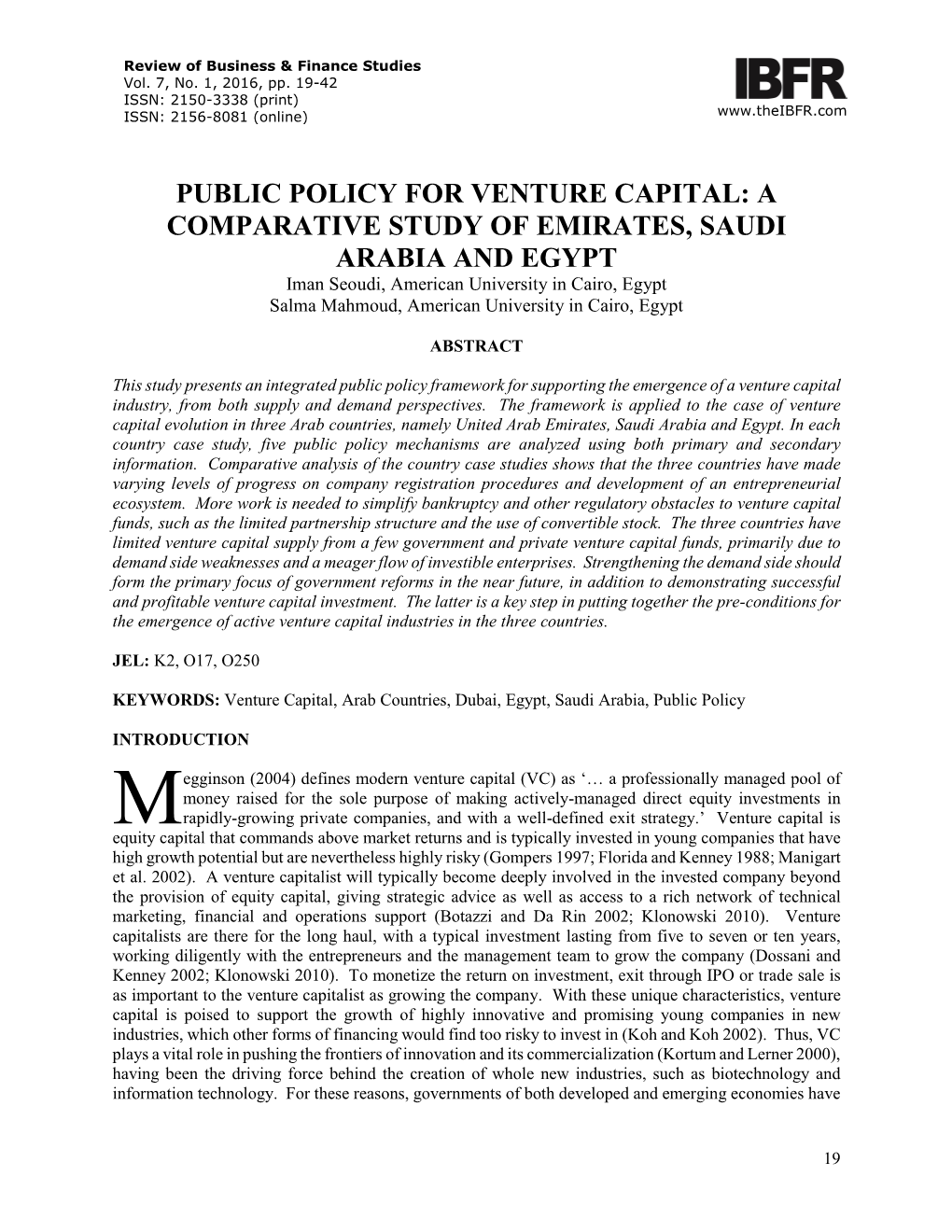 Public Policy for Venture Capital: a Comparative Study of Emirates