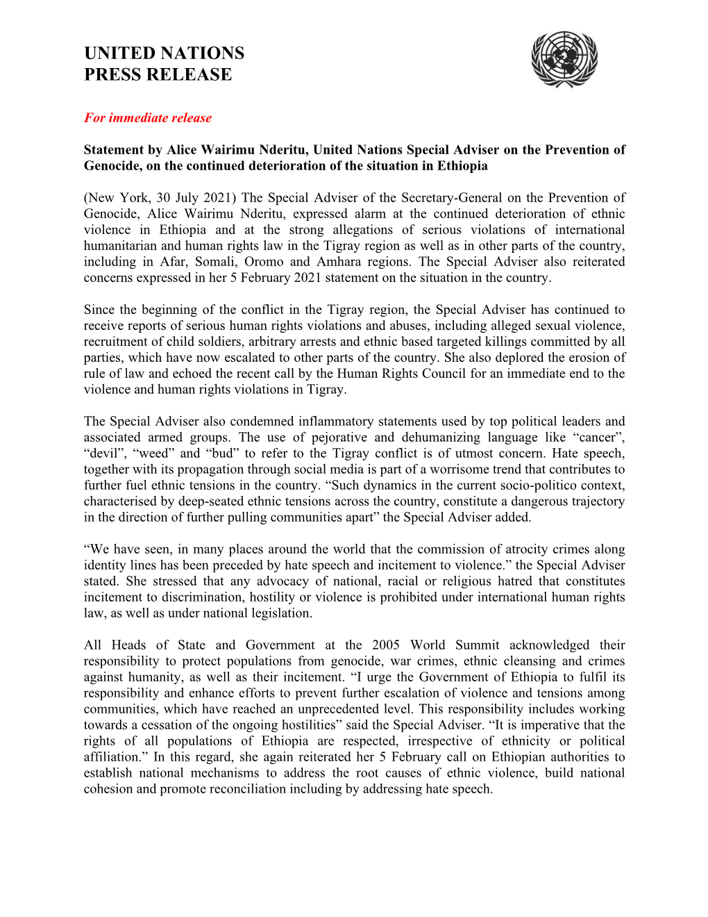 Statement by Alice Wairimu Nderitu, United Nations Special Adviser on the Prevention of Genocide, on the Continued Deterioration of the Situation in Ethiopia