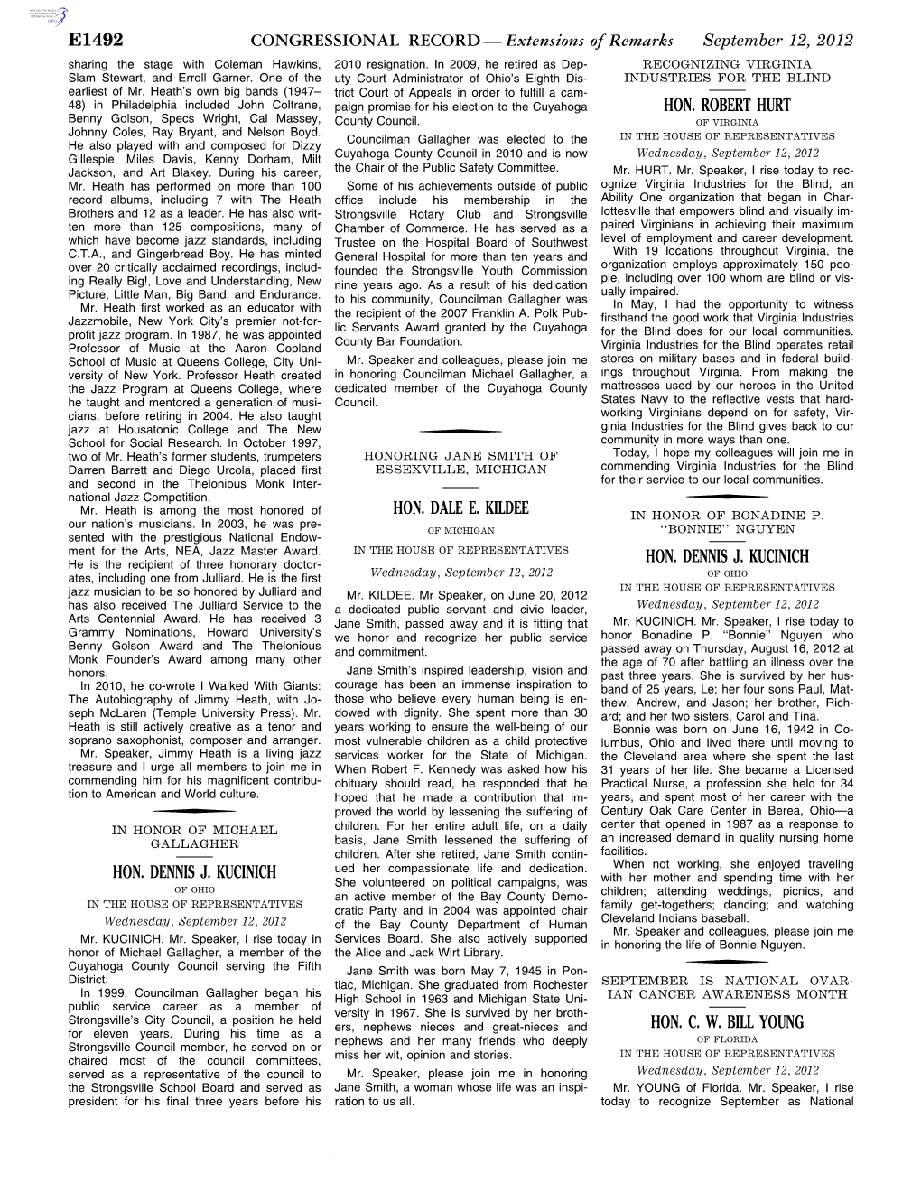 CONGRESSIONAL RECORD— Extensions of Remarks E1492 HON. DENNIS J. KUCINICH HON. DALE E. KILDEE HON. ROBERT HURT HON. DENNIS J