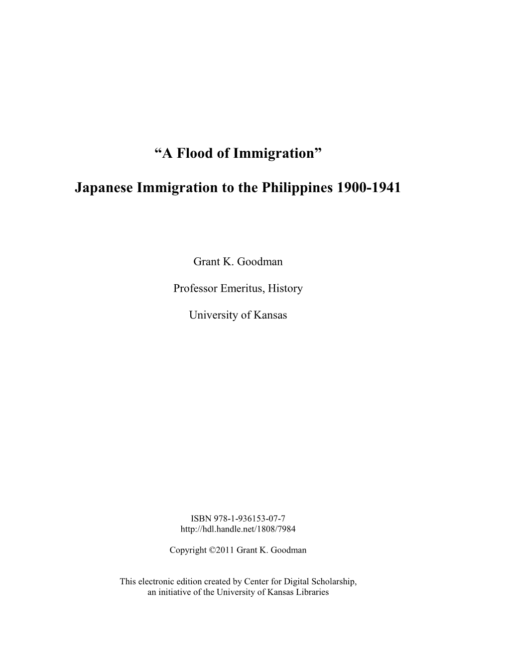 Japanese Immigration to the Philippines 1900-1941