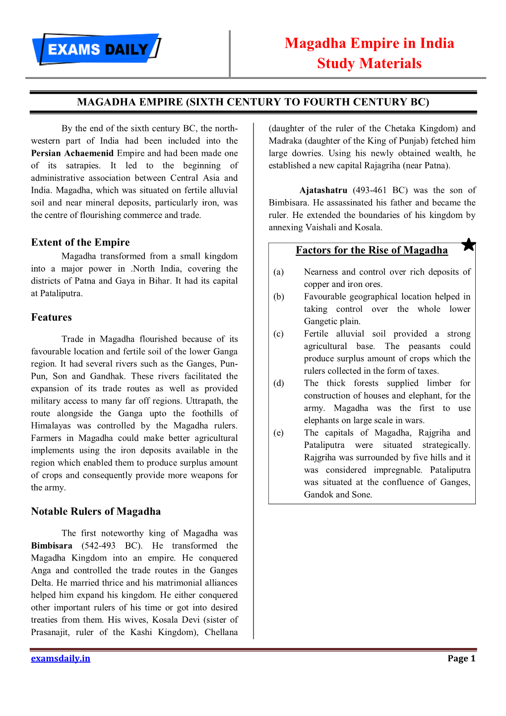 Magadha Empire in India Study Materials