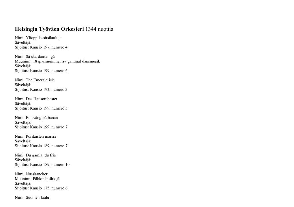 Helsingin Työväen Orkesteri 1344 Nuottia Nimi: Ylioppilassitsilauluja Säveltäjä: Sijoitus: Kansio 197, Numero 4
