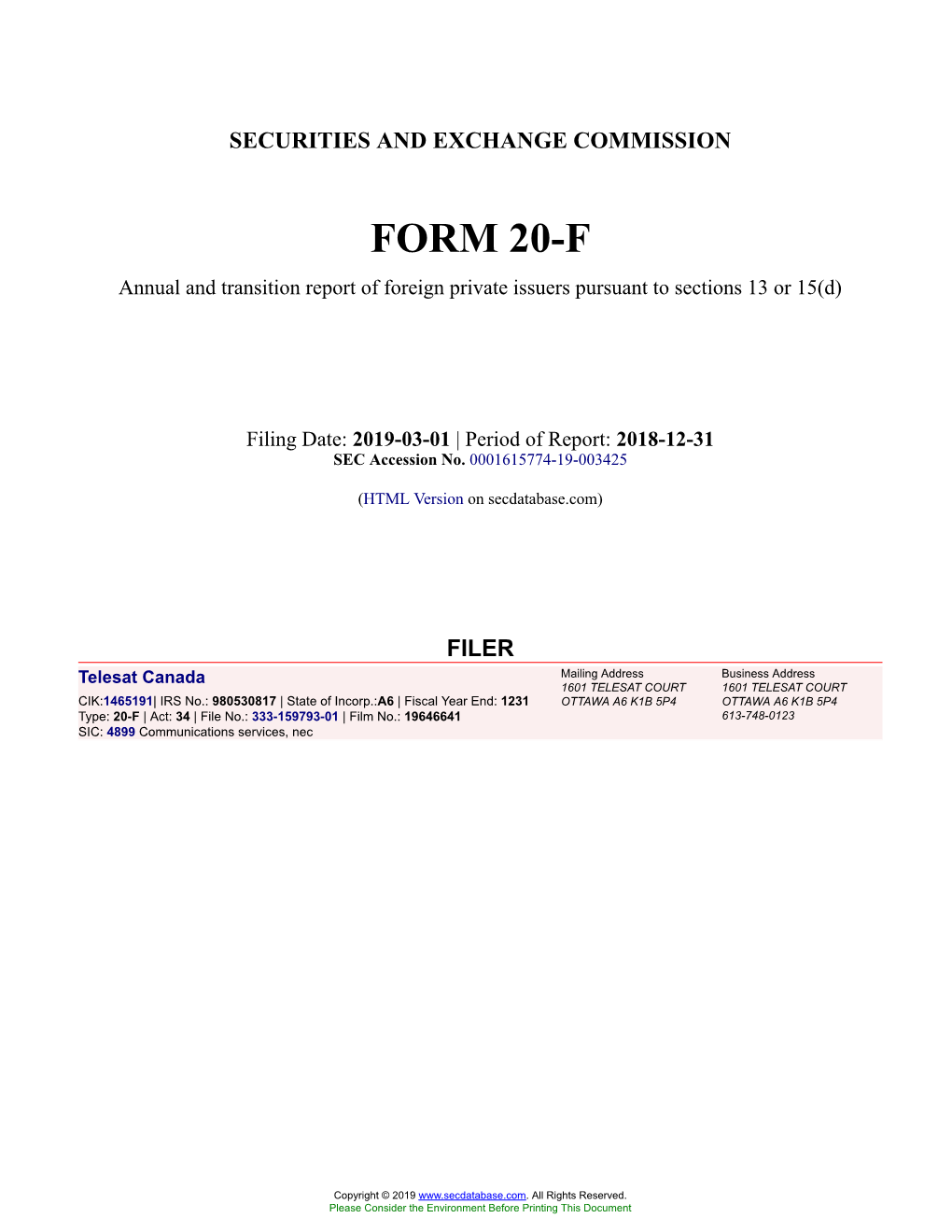 Telesat Canada Form 20-F Filed 2019-03-01