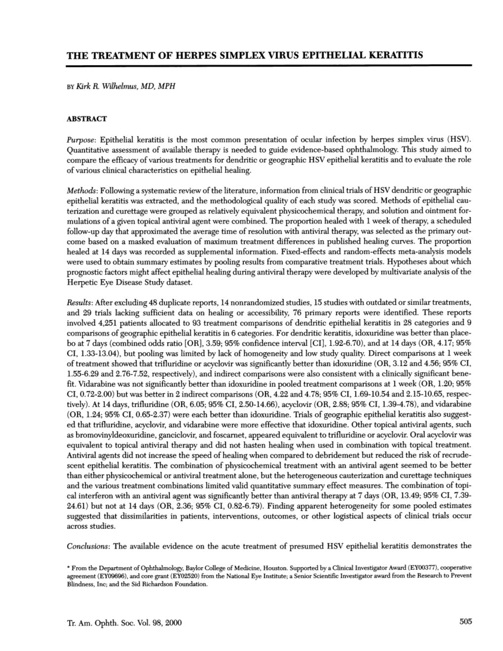 The Treatment of Herpes Simplex Virus Epithelial Keratitis