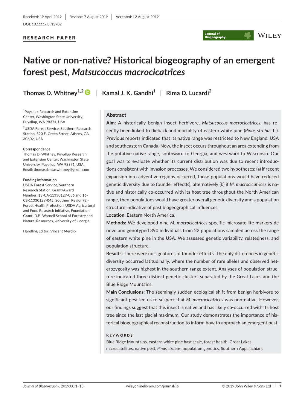 Historical Biogeography of an Emergent Forest Pest, Matsucoccus Macrocicatrices