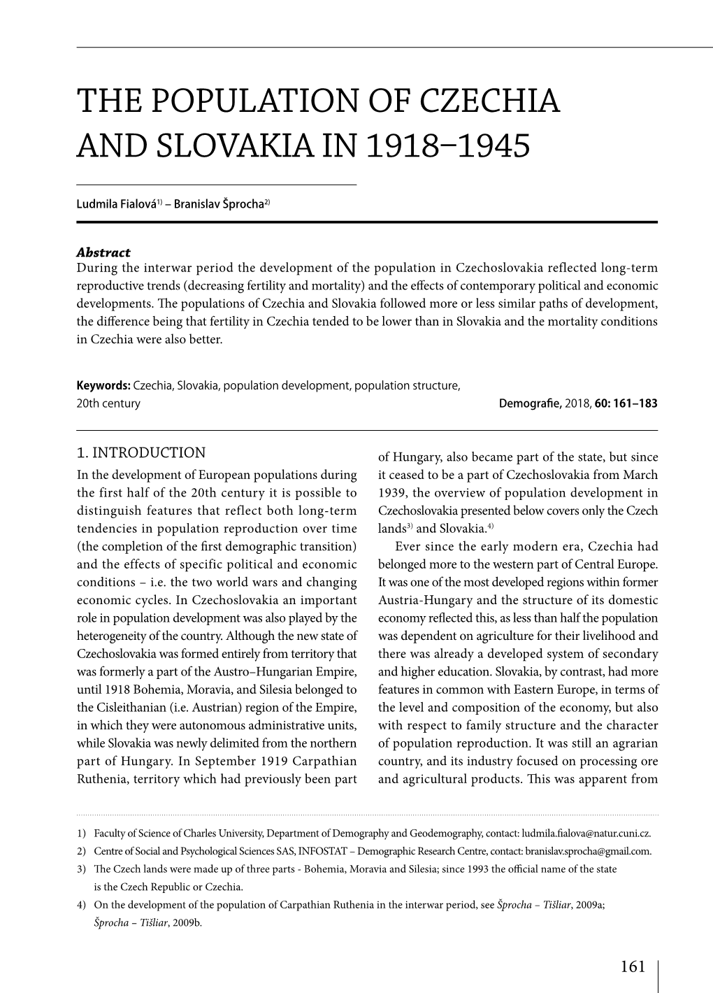 The Population of Czechia and Slovakia in 1918–1945