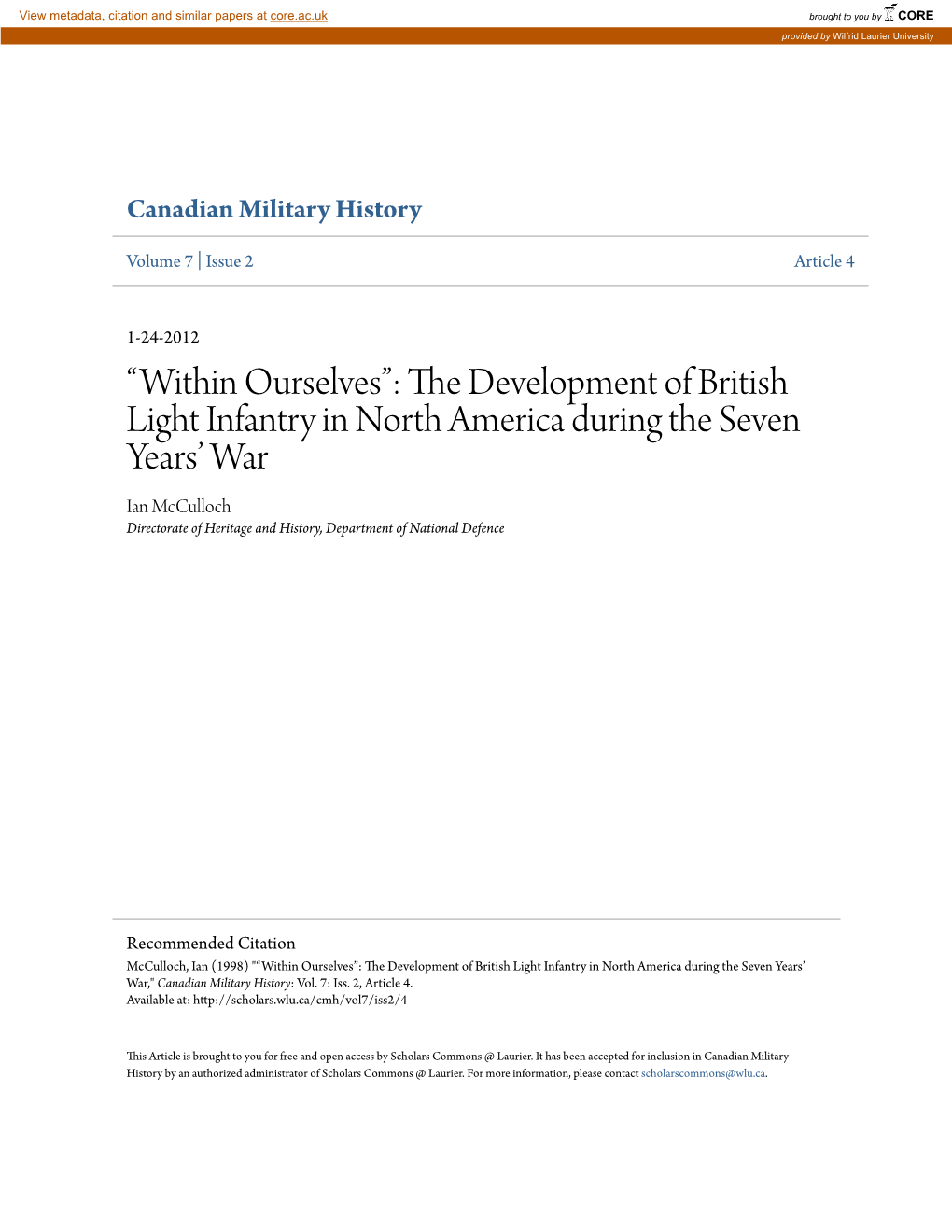 The Development of British Light Infantry in North America During The