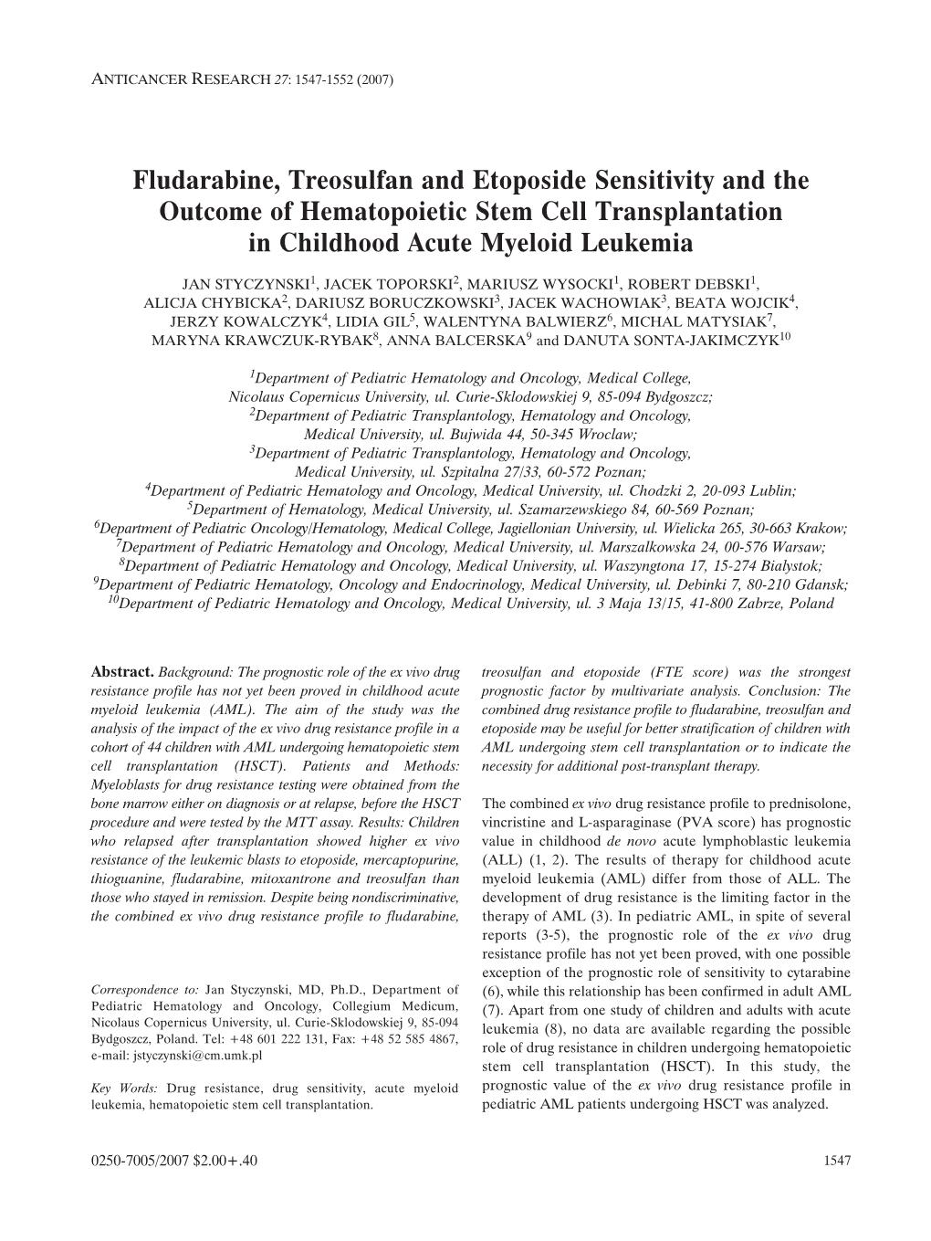 Fludarabine, Treosulfan and Etoposide Sensitivity and the Outcome of Hematopoietic Stem Cell Transplantation in Childhood Acute Myeloid Leukemia