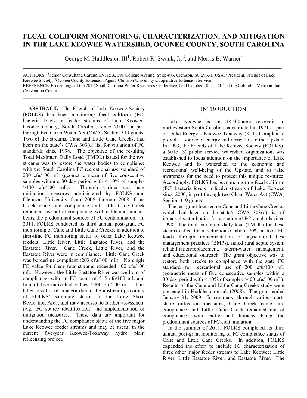 Fecal Coliform Monitoring, Characterization, and Mitigation in the Lake Keowee Watershed, Oconee County, South Carolina