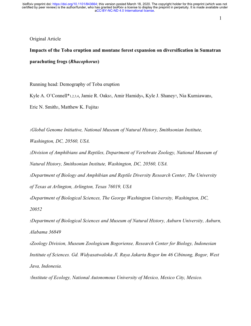 Impacts of the Toba Eruption and Montane Forest Expansion on Diversification in Sumatran