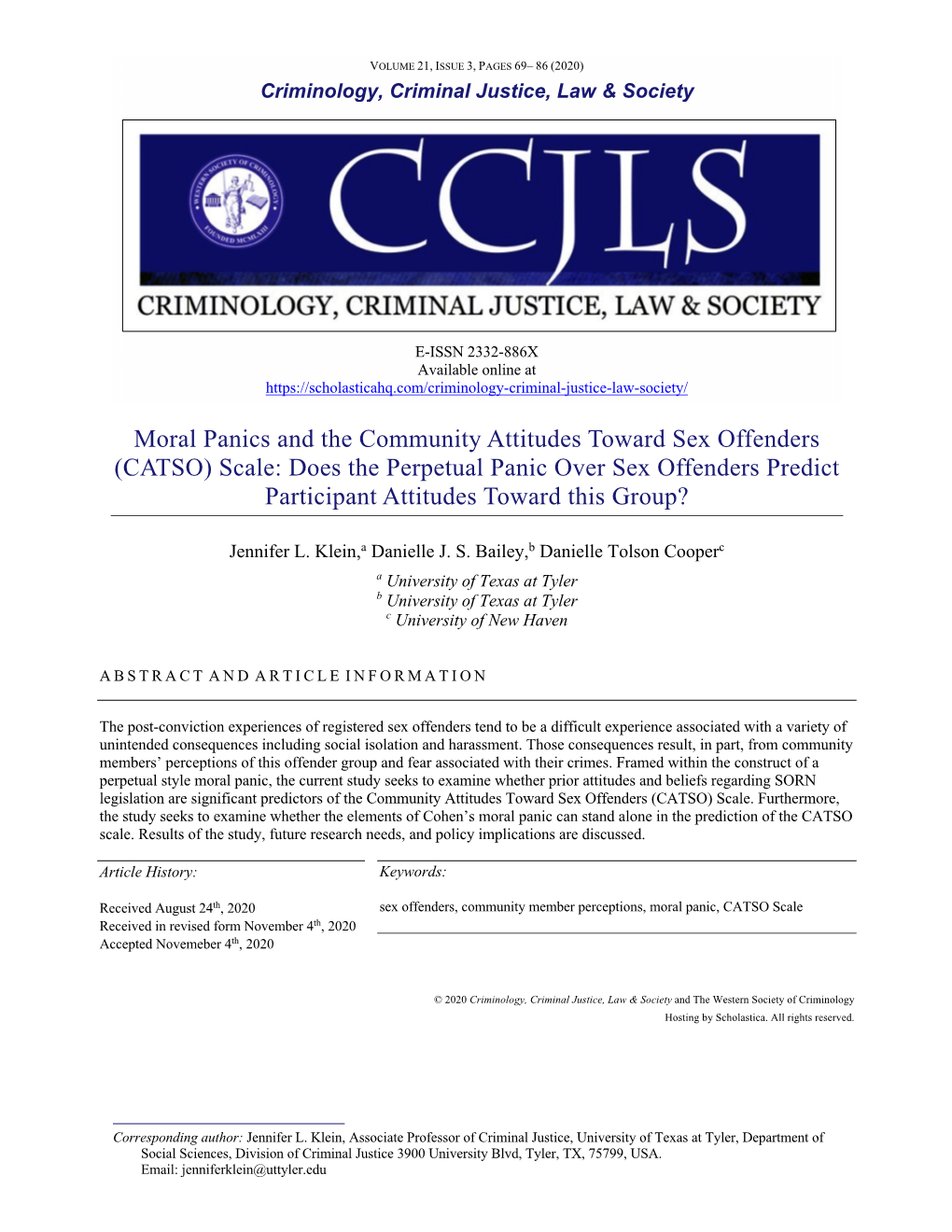 (CATSO) Scale: Does the Perpetual Panic Over Sex Offenders Predict Participant Attitudes Toward This Group?